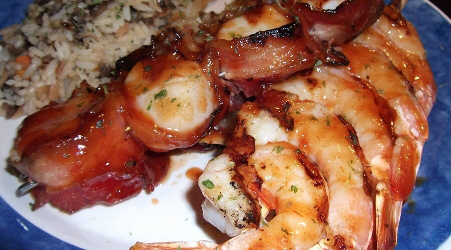Red Lobster Peach Bourbon BBQ Shrimp and Bacon Wrapped Scallops Recipe